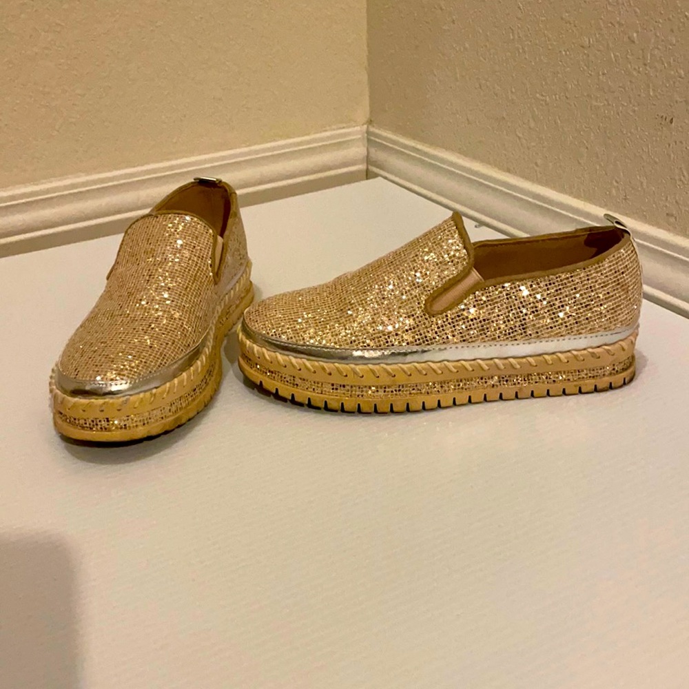 Gold glitter loafers